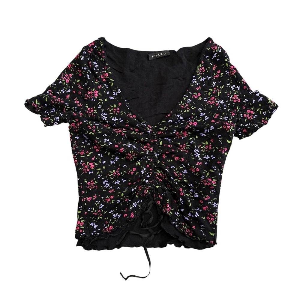Phard Black Floral Milkmaid Top Ruched Tie Bust Lettuce Trim Short Sleeve